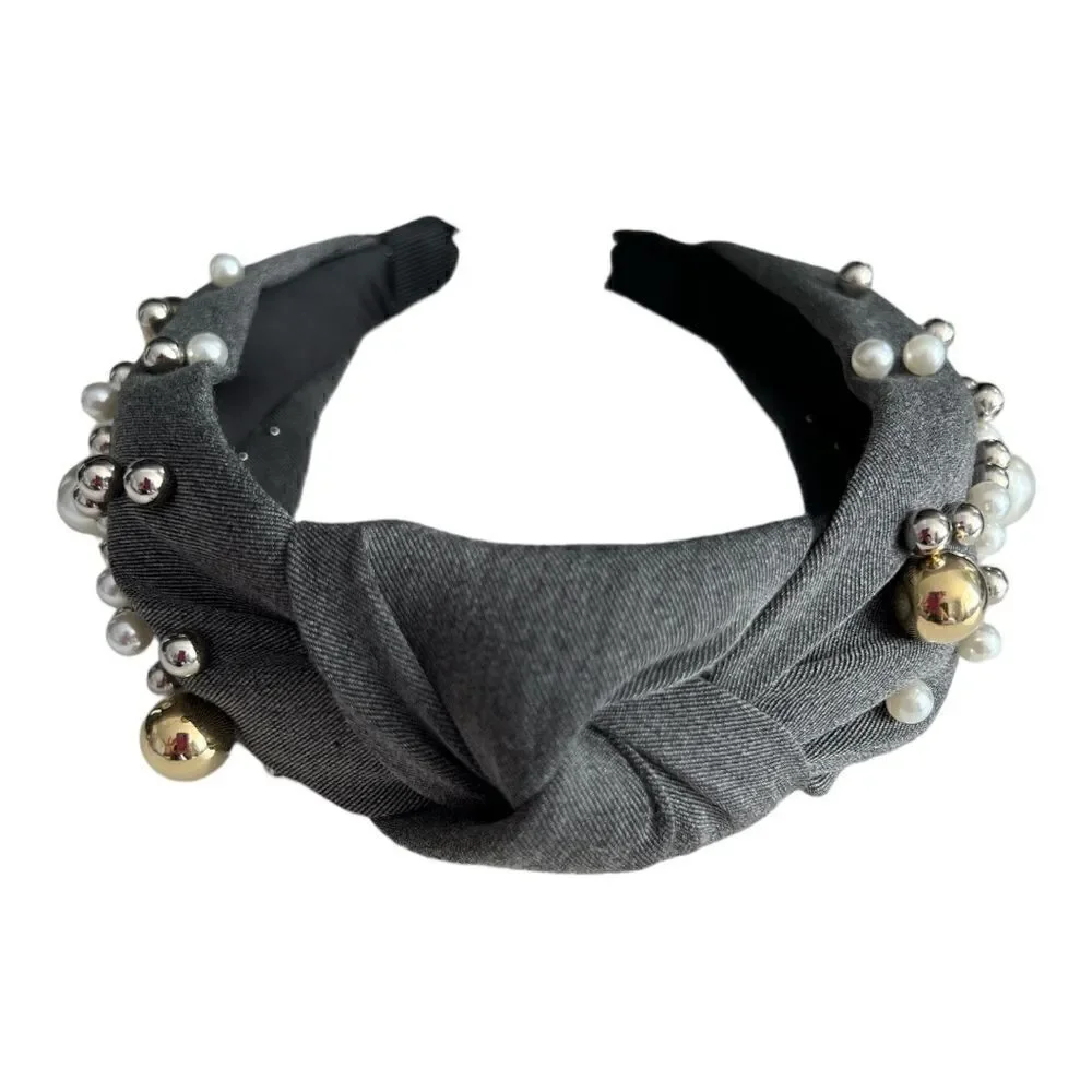 Cloth Headbands Tie For Women Top Knot Headband With Faux Pearls Denim.